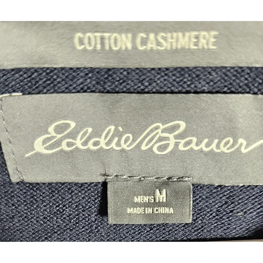 Eddie Bauer Cotton Cashmere Knit Sweater Mens Size Medium Navy Blue V-Neck‎